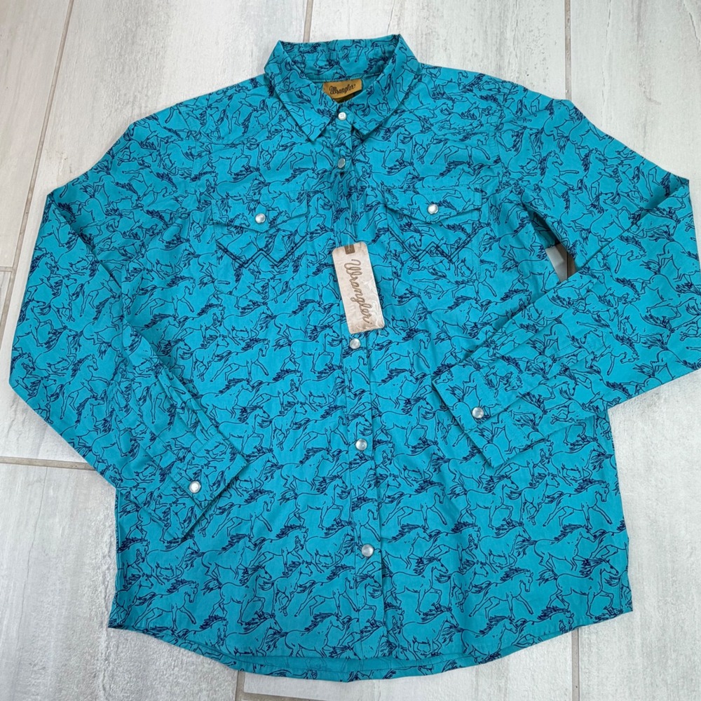 Wrangler Kids XXL Turquoise Blue Horse Print Western Snap Up Shirt 112346585